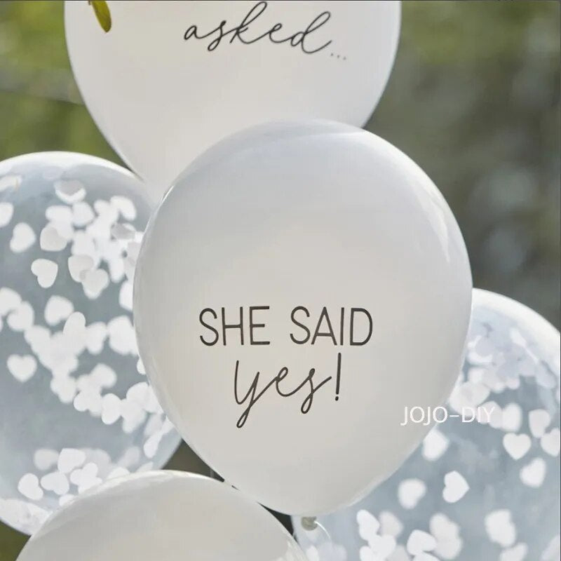 12/24pc White Heart Confetti Latex Balloons: "She Said Yes" Wedding & Engagement Party Kit.