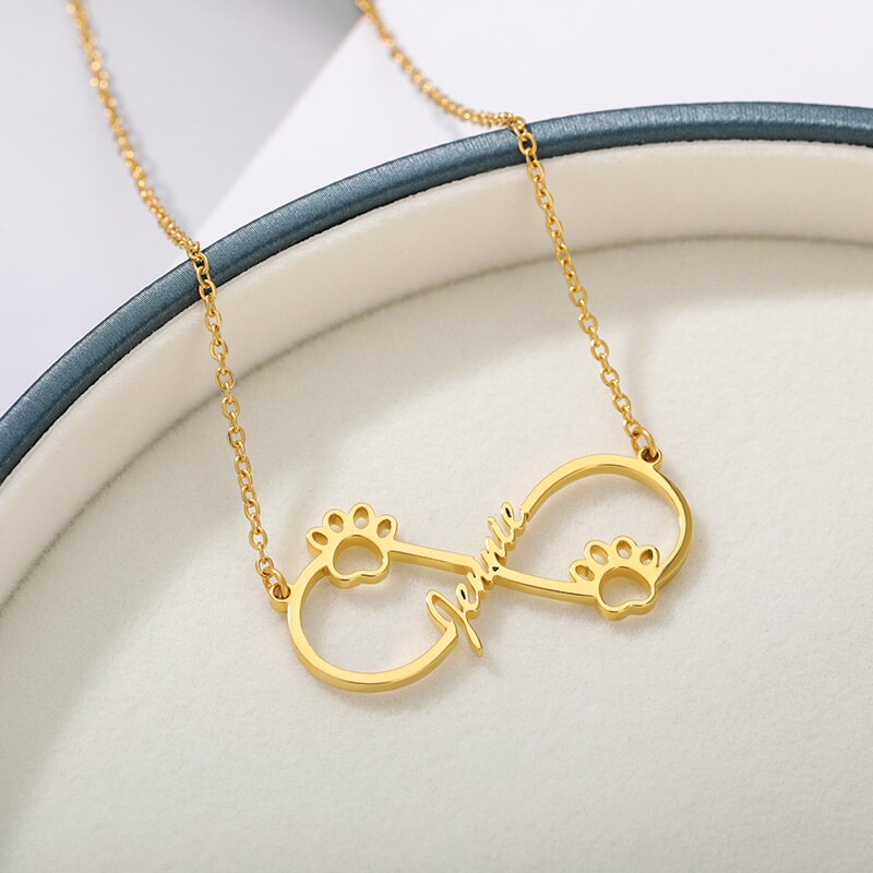 Personalized Pet Name Cute Paw Print Infinity Name Necklace Boho Custom Nameplate Necklace Women Kids Gifts Stainless Steel Jewelry