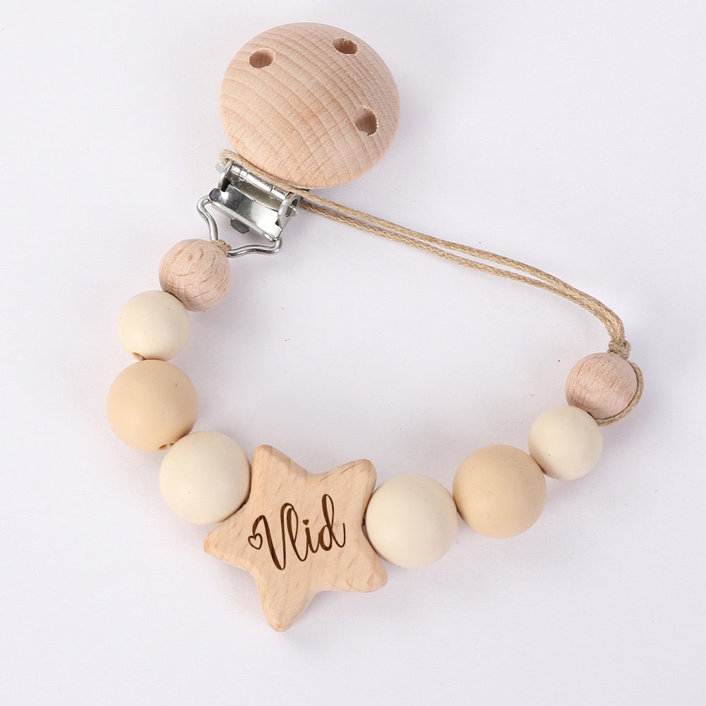 Personalized Baby Pacifier Clip - Custom Name, Wood Dummy Clip New Mother Gift.