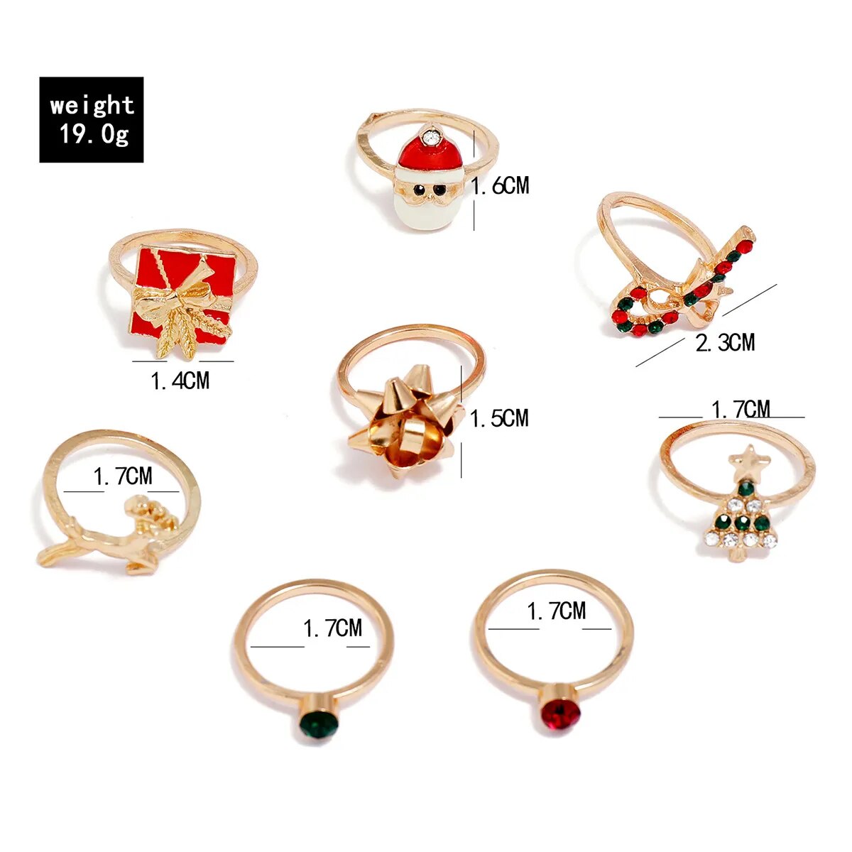8Pcs Women's Jewelry Christmas Ring Christmas Tree Cane Santa Bow Elk Ring Set Gift