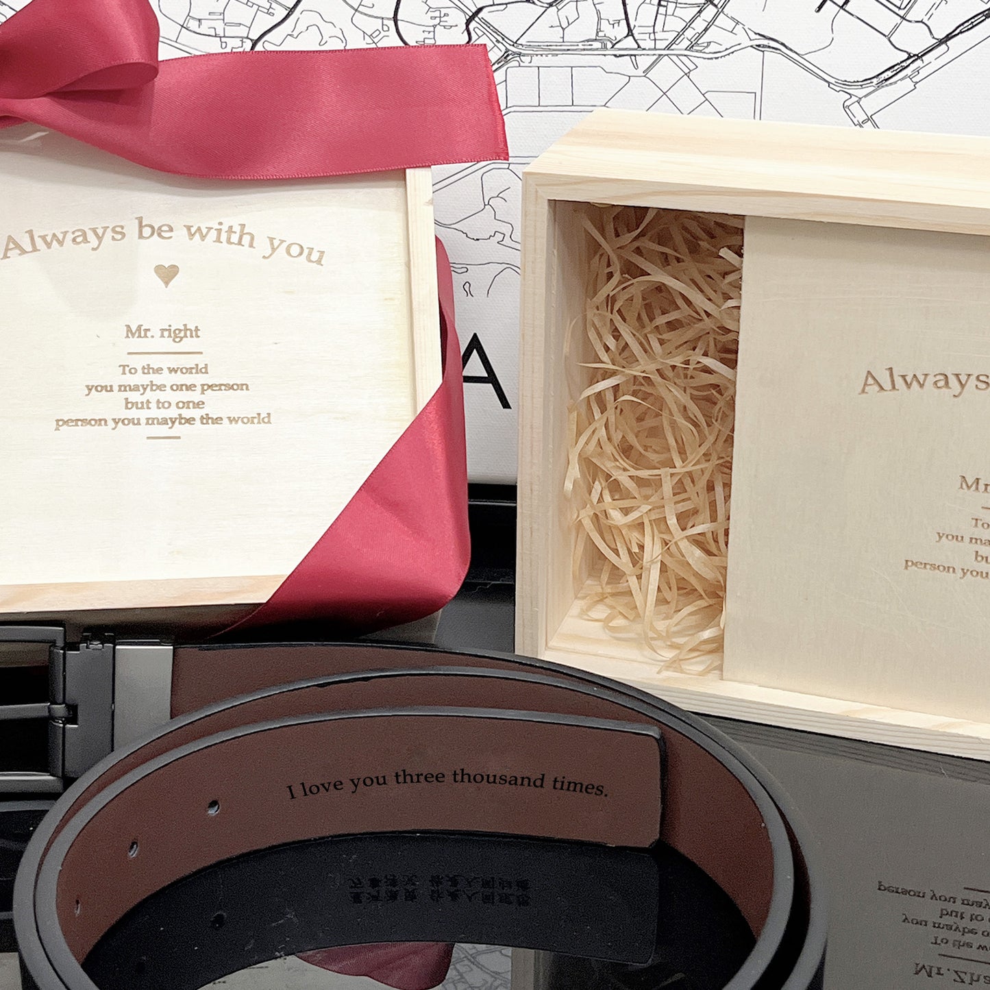 Reconstituted Leather Belt with Personalized Engraving Name and Message Wooden Gift Box