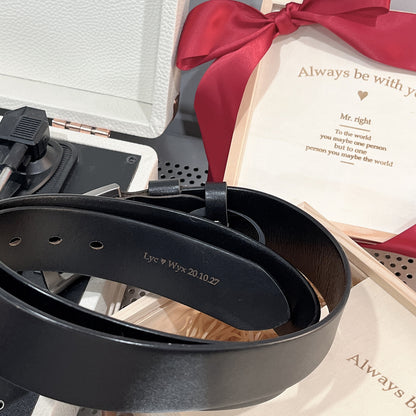 Leather Belt with Personalized Engraving Name and Message Wooden Gift Box