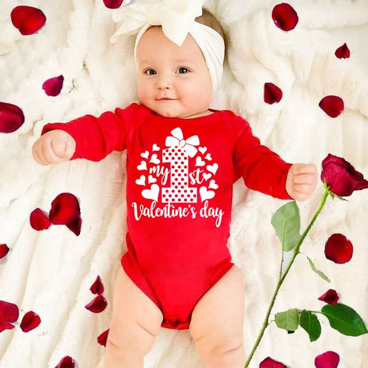 First Valentine's Baby Bodysuit - Red, Long Sleeve, Gender Neutral, Gift.