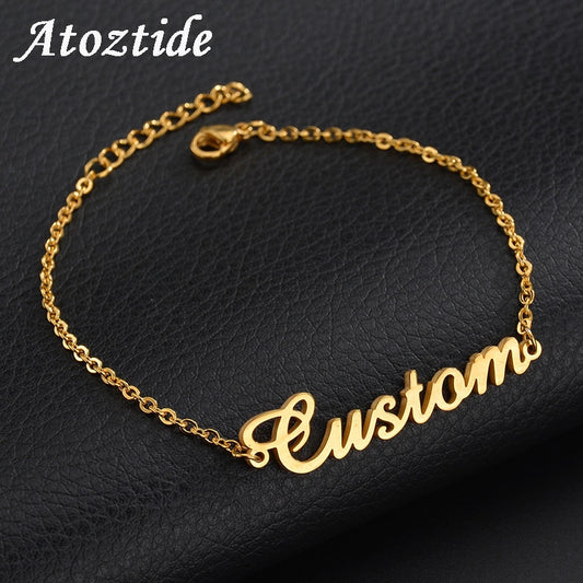 Atoztide Personalized Custom Name Bracelet For Women Stainless Steel Charms Handmade Engraved Handwriting Love Bangle Gift