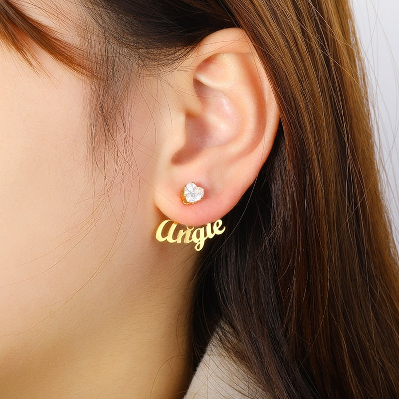 Personalized Name White Heart Rhinestones Custom Name Stud Earrings For Women Girl Lady  Jewelry Stainless Steel Nameplate Earrings