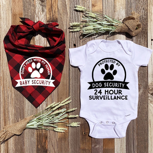 Protected By Dog/Baby Matching Set - Bandana & Bodysuit Newborn Announcement Outfit