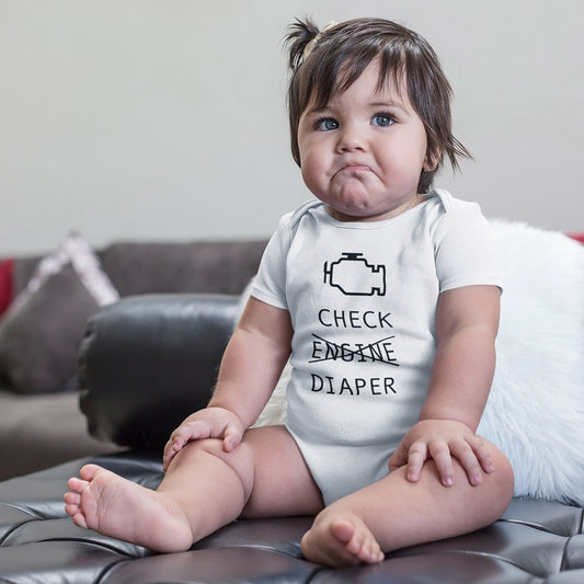 Check Engine Baby Bodysuit - Poopy Diaper Romper, Cute Mechanic, Newborn Boys & Girls Gift.