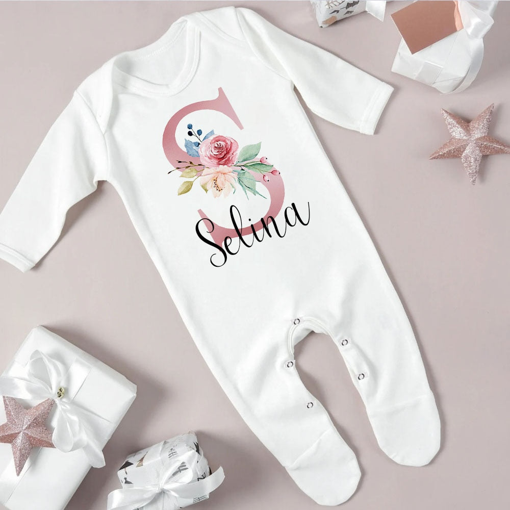 Personalised Babygrow Sleepsuit Flower Initial Infant Romper Baby Coming Home Outfit Newbron Shower Gift Baby Girls Sleepsuit