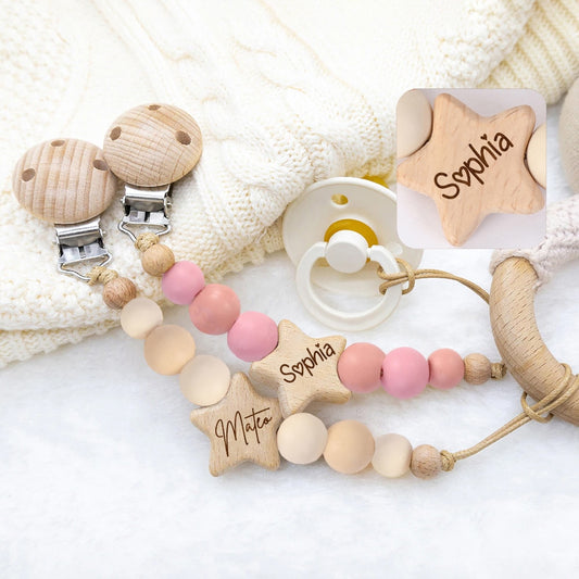 Personalized Baby Pacifier Clip - Custom Name, Wood Dummy Clip New Mother Gift.